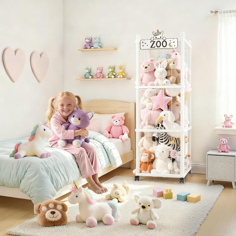 Vecxoty Stuffed Animal Storage Zoo Tower,56In Wooden Large Stuffed Animal Holder Organizer with Wheels,Stuffy Plushies Storage with Elastic Band&Mesh Bottom,Toy Storage Organizers for Playroom Nursery（White） - Image 3